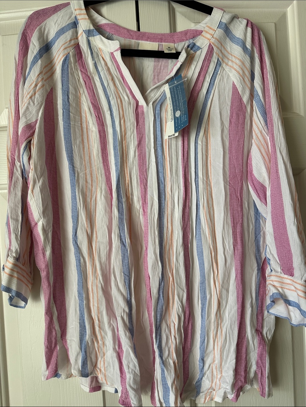 Westbound Pink, Blue & White Striped Peasant Top